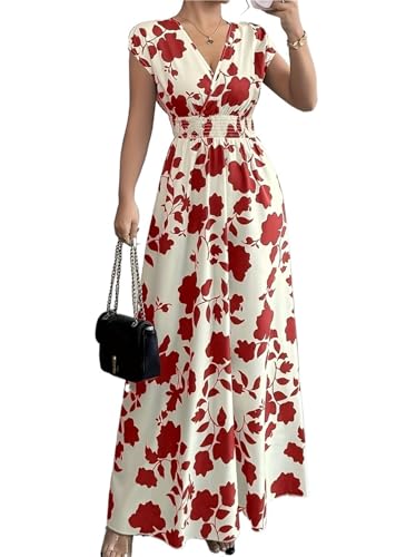 Vestido de playa manga corta y cuello en V con estampado plantas llamativo