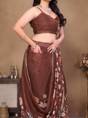 Image of SAMANTHA Black Floral Print Ready to Wear Linen Saree with Pocket & Adjustable Belt