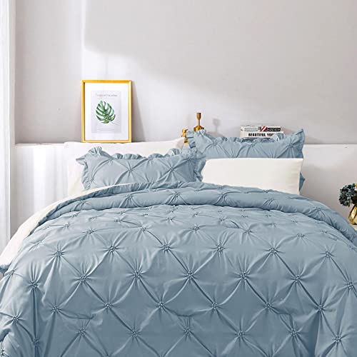JOLLYVOGUE Light Blue/Ivory Full Size Comforter Sets 7 Pieces, Pintuck Bed in a Bag Comforter Set for Bedroom, Bedding Comforter Sets with Comforter, Sheets,Ruffled Shams & Pillowcases
