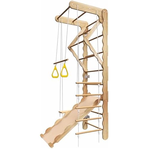 5-in-1 Wooden Indoor Jungle Gym for Kids, Wall-Mounted Swedish Ladder with Pull-Up Bar, Rings, Swing, and Slide – Montessori-Inspired Kids Playset for Fun & Development, Ages 3-8