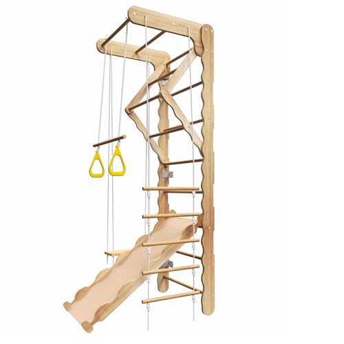 Image of 5-in-1 Wooden Indoor Jungle Gym for Kids, Wall-Mounted Swedish Ladder with Pull-Up Bar, Rings, Swing, and Slide - Montessori-Inspired Kids Playset for Fun & Development, Ages 3-8