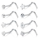 Briana Williams 20G 8Pcs Nose Screw Studs Stainless Steel Ring Zirconia Ball Heart Star Flat back Nostril Retainer Piercing Jewelry