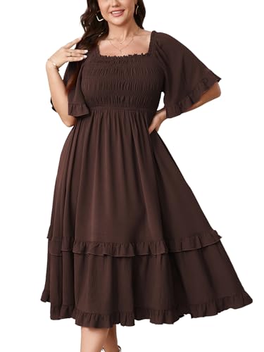 Image of SCOMCHIC Women's Plus Size Maxi Dresses Summer Short Sleeve Square Neck Smocked Wedding Guest Cocktail Boho Long Dress