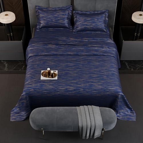 Image of Stoa Paris 350TC Luxstre Cotton Super King Printed Bedding Set for King & Double Size Beds with 2 Pillow Covers, 274 x 274cm Bedsheet, All-Season Comfort, Breathable, Home Decor, Panache 2.0 - Navy
