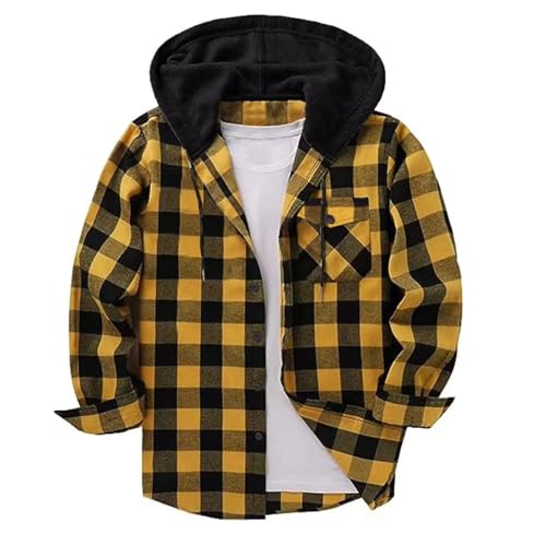 Xiaojmake Mens Flannel Hoodie Jackets Casual Button Down Plaid Shackets Stylish Long Sleeve Hooded Shirts with Pockets