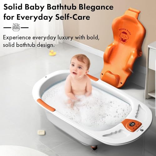 Image of StarAndDaisy Baby Bath Tub for 0 to 5 Years /Bath Tub for Kids 0-3 Years /Infants Bathtub with Temperature Censor & Baby Bath Seat /Sling, Antislip Kids Bath Tub with Bath Chair -White Orange