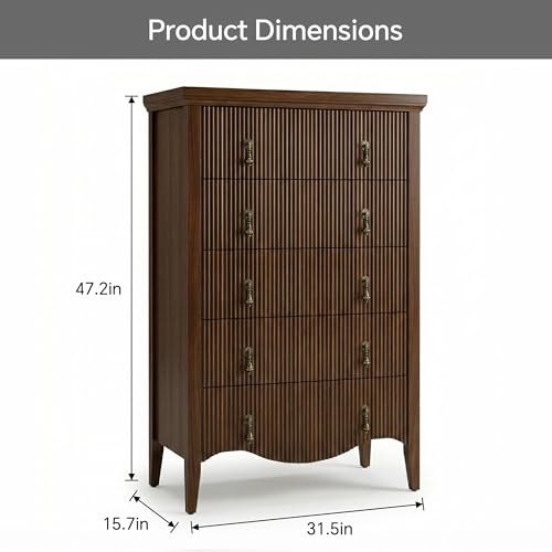 Image of FUSUNBAO 5-Drawer Tall Fluted Dresser, Vertical Chest of Drawers,Walnut | Vintage Dark Brown Wood-Look, Freestanding Vertical Organizer, Antique Pulls, For Bedroom, Living Room, Closet, Hallway