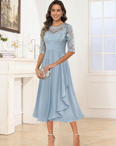 Mother of The Bride Dresses Lace Appliques Chiffon Half Sleeve Pleated Tea Length Mother of Groom Dresses for Women3