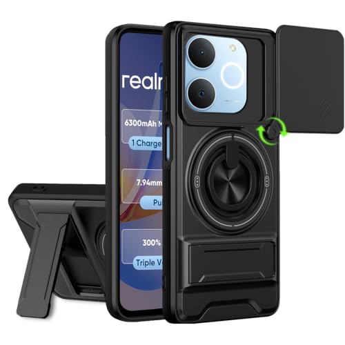 Image of AESTMO Realme C71 Back Cover | Armor Camera Slider 360 Degree Rotating Finger Ring Holder Case with Bracket Stand Back Case Cover (Compatible with MagSafe Accessories) (Black)