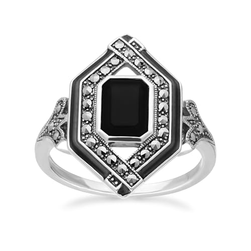 Image of Gemondo USA 925 Sterling Silver Black Spinel, Marcasite & Black Enamel Art Deco Ring
