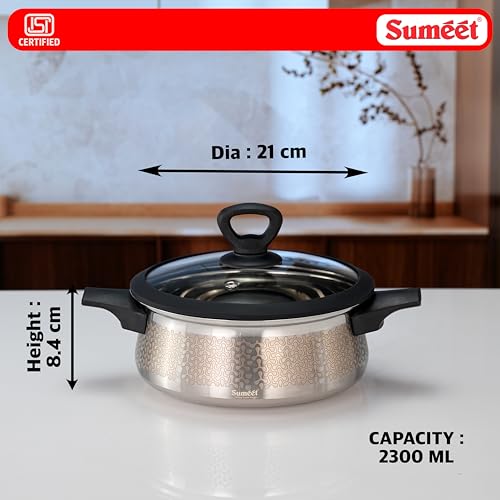 Image of Sumeet ISI Certified Stainless Steel Cook & Serve Designer Shallow Biryani Pot /Casserole with Glass Lid |Induction and Gas Compatible | Capacity - 2300ml -Dia - 21cm, Silver