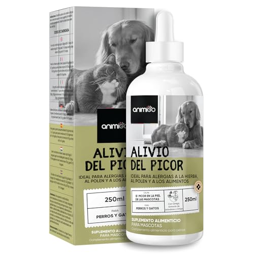 Gotas Anti Picor para Perros y Gatos 250ml - Alivio Natural contra Picores Ideal para Piel con Heridas, Irritación, Alergias a Hierbas, Polen o Alimentos, con Tapón Gotero de Fácil Administración