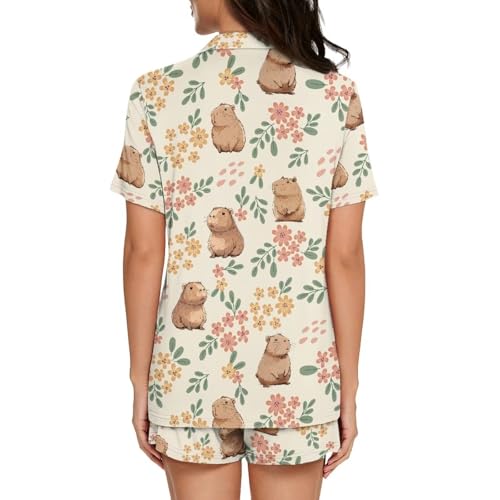 Image of Women's Short Sleeve Sleepwear Pajamas Nightwear with Pockets | skin-friendly breathable material resists pilling fading and deformation after repeated washing