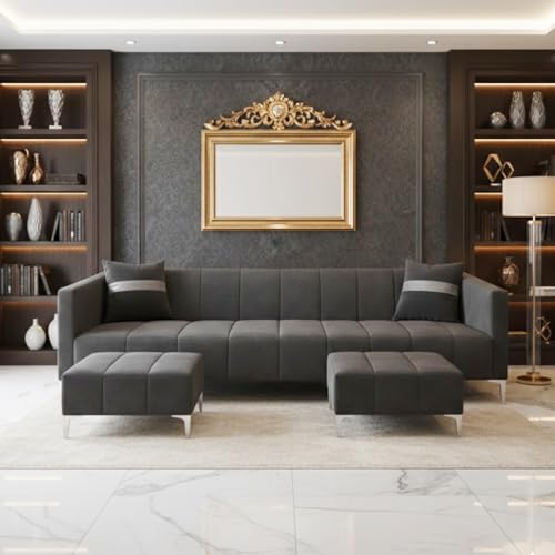 Image of Solomon 6 Seater L Shape Sofa Set with 2 Movable Ottoman | Flexible Left or Right Layout | Luxe Velvet Suede Fabric | Comfortable Seating | Modern Sofa for Living Room - Dark Grey