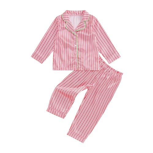 MAINESAKA Toddler Boy Girl Christmas Pajama Set Striped Long Sleeve Button Down Shirt Pants Silk Satin Pjs Kid Xmas Sleepwear