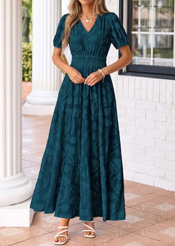 Image of KIRUNDO Summer Dresses for Women 2026 Boho Flowy Casual Short Sleeve V Neck Elastic Waist Floral Long Baby Shower Maxi Dress