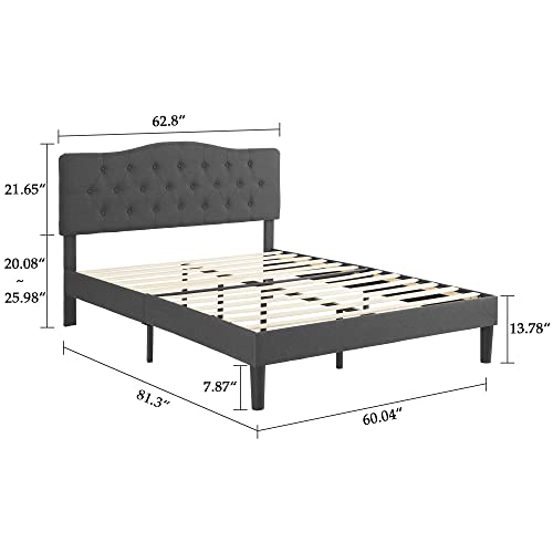 Vecelo Classic Queen Upholstered Platform Bed Diamond Stitched Cloth Panel Headboard/Mattress Foundation/Easy Assembly/Strong Slat Support, Grey #TOP1