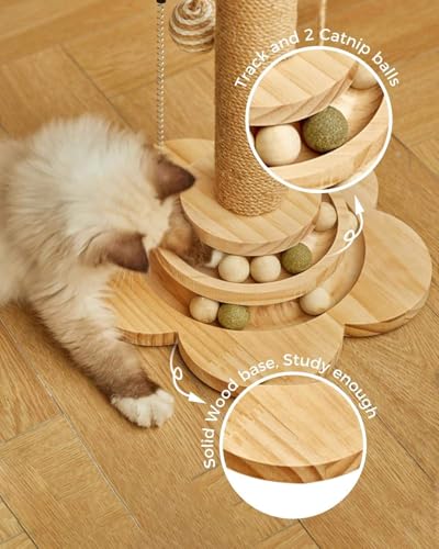 Image of Solid Pine Wood Cat Toy Scratching Post with Roller Ball Track, Catnip Balls & Feather Toy - Modern Sisal Cat Scratcher Tower for Indoor Cats- Flower Style