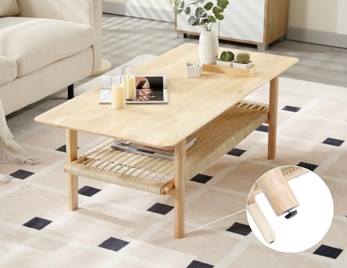 Janoray Farmhouse Coffee Table for Living Room 2-Tier Coffee Table with Natural Rattan Storage Shelf Large Rectangular Center Table for Living Room Reception, Natural Color - Thumbnail 4