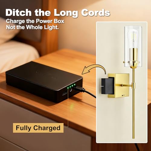 Image of Battery Operated Wall Sconce Glass Wireless Sconces Set of 2 Gold | Wall Sconces Rechargeable with Remote Control Dimmable Wall Light for Bedroom Living Room Hallway Entryway, 3000-6500K