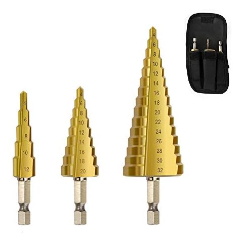 Metric Step Drill Set,Zhushan 3Pcs High-Speed Steel Shank Titanium Step Drill Bits for Sheet Metal Hole Drilling from 4-12mm/4-20mm/4-32mm Cover