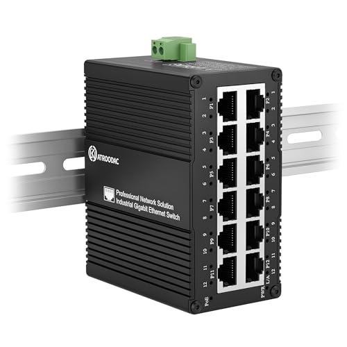 Image of Industrial 12 Port Gigabit PoE Switch, DC 12-48V to 48V PoE Boost | 12 PoE+ Ports, Total 360W, Unmanaged Network Switch, DIN Rail or Wall Mount Ethernet Switch, IP40 for IP PTZ Camera Solar RV