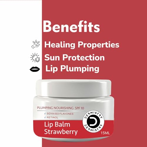 Image of Dermistry Plumping SPF10 Glossy Strawberry Lip Balm for Dry Dark Pigmented Chapped Lips with Shea Butter, Retinol, Coconut Oil Provides Sun Protection, Dark Black Pigmentation Remover Men Women 15ml