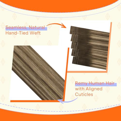 Image of Full Shine Tape in Hair Extensions Human Hair 18 Inch Color 4 Brown Fading 24 Honey Blonde and 4 Brown Genius Human Hair Tape in Extensions 20PCS Hand Tied Weft Soft and Silky 50g Add Volume