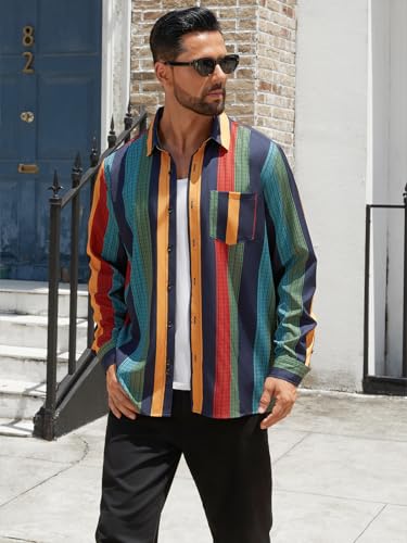 Hardaddy Men's Hawaiian Shirt Long Sleeve Striped Beach Casual Button Down Shirts with Pocket Multicolor XL3