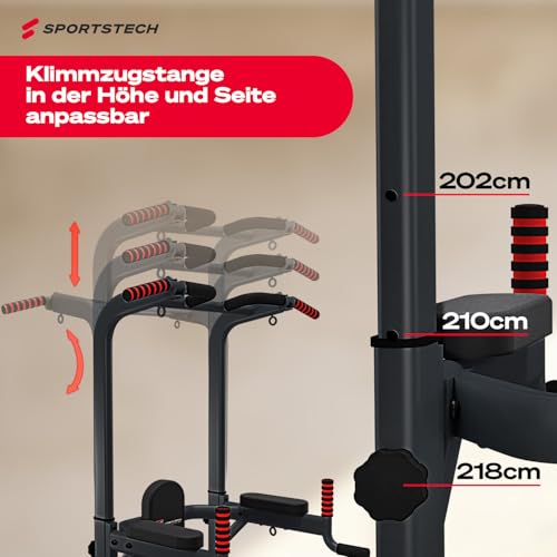 Sportstech 7in1 Power Tower PT300 als Dip Station & Kraftturm, multifunktionale Kraftstation für Zuhause mit Klimmzugstange, Liegestützgriffe und 4 Ösen für TRX, Ropes & Schlingen, Sit-Ups, in schwarz – Bild 6