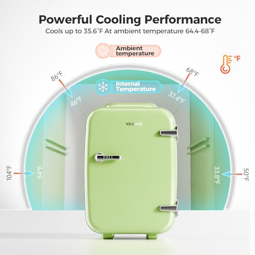 Image of YASHE Mini Fridge, 4 Liter /6 Can Mini Makeup Fridge, 110V AC / 12V DC Portable Thermoelectric Cooler&Warmer for Skincare, Drink, Cosmetic, Medicine, Small fridge for Bedroom, Office, Dorm, Car, Green