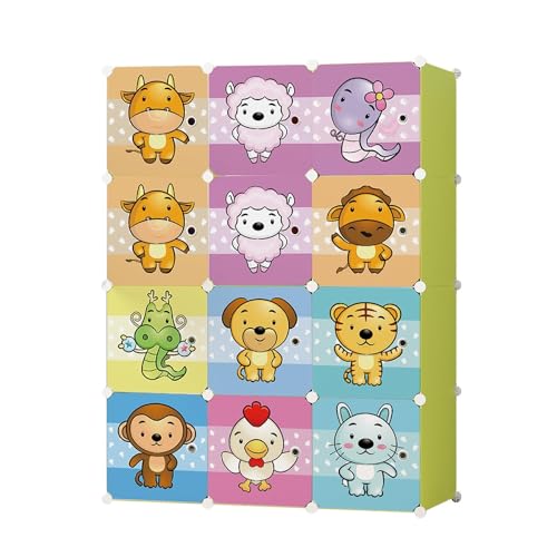 Image of AYSIS Almirah for Clothes, Plastic Soft Sheet Collapsible Wardrobe for Kids Toys /Books, Baby Cupboard Storage in Bedroom Nursery, Cartoon (Green, 12-Shelf-12-Door)