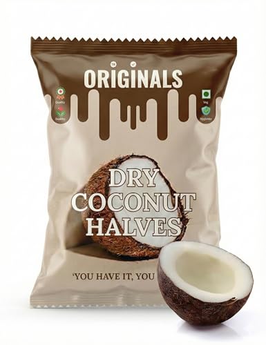 Image of ORIGINALS Premium Dry Coconut Halves (आधा नारियल) 900g Natural Sun-Dried Fresh Fibre-Rich & Aromatic Suitable for Desserts chutneys and Sweets