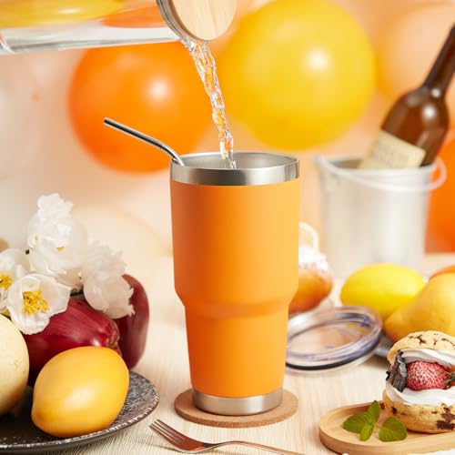 Image of MEWAY 30oz Insulated Tumbler With Lids and Straws,Stainless Steel Double Vacuum Coffee Tumbler Cup, Brush, Durable Powder Coated Coffee Cup for Cold & Hot Drinks, Office, Travel(Orange,8 PACK)