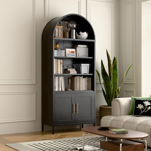VEXPOR 73 in Tall Metal Arched Bookcase, 5-Tier Arched Bookcase with Doors, Modern Farmhouse...