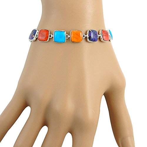 Turquoise Link Bracelet Sterling Silver 925 Genuine Turquoise & Gemstones (Multi) #TOP1