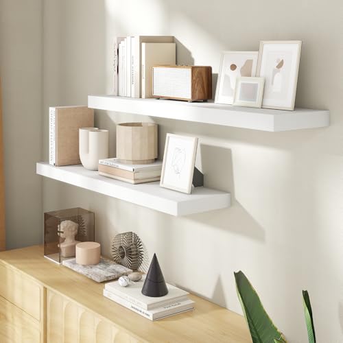 Image of 40 Inch Floating Shelves for Wall, 8 Inch Deep Floating Shelf for Storage & Display, Rustic Wall Mounted Shelf with Invisible Brackets for Living Room, Kitchen, Bathroom, Home Decor, Set of 2, White