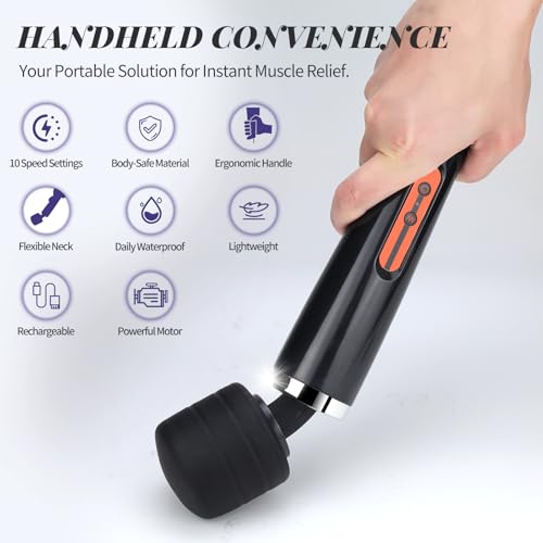 Image of Rechargeable Wand Massager for Women, 10-Speed Cordless Handheld Massager, Portable Electric Deep Tissue Massage Tool for Full Body Muscle Recovery, Neck, Back, Shoulder & Foot (Black-USB)
