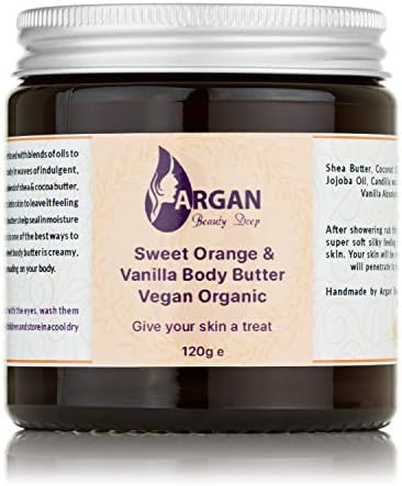 ARGAN BEAUTY DEEP Natural Body Care Butter 120g – 100% Vegan Vanilla & Sweet Orange Scented Moisturising Dry Body Skin Care Cream with Shea Butter Organic Coconut Jojoba Oil