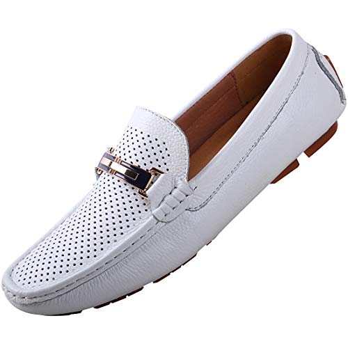 rismart Herren Schlüpfen Fahrendes Auto Wohnungen Schnalle Leder Slipper Mokassins Weiß1,42 EU