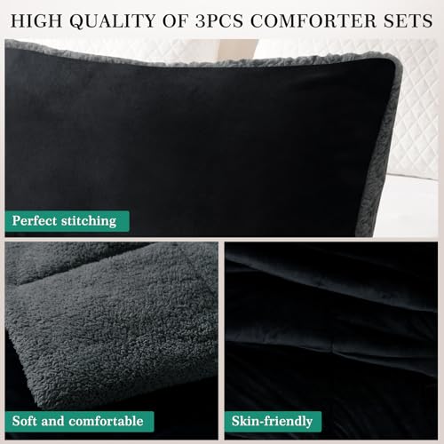 Image of MERITLIFE Fluffy Sherpa King Size Bedding Comforter Sets King Comforter Set-3 Pieces Bed in a Bag Black Soft Comforter and Pillowcase Luxury Warm Bedding Set for Winter