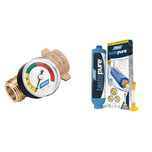 Image of Camco RV Water Pressure Regulator w /Gauge-Helps Protect Plumbing(40064) TastePURE RV Water Filter w /Hose Protector-Inline Water Filter Reduces Chlorine, Sediment & More-Made in USA(40043)