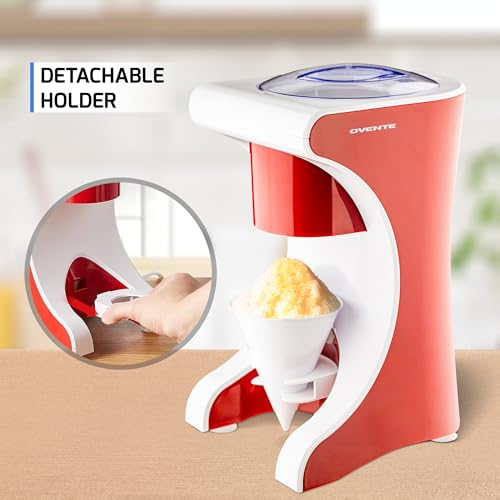 Image of OVENTE Shaved Ice Snow Cone Machine with Reusable Plastic Cup, Non-Slip Mat and Stainless Steel Blade, Kitchen Countertop Slushie Machine for Homemade Snowballs, Frozen Cocktails & More, Red ICR1505R