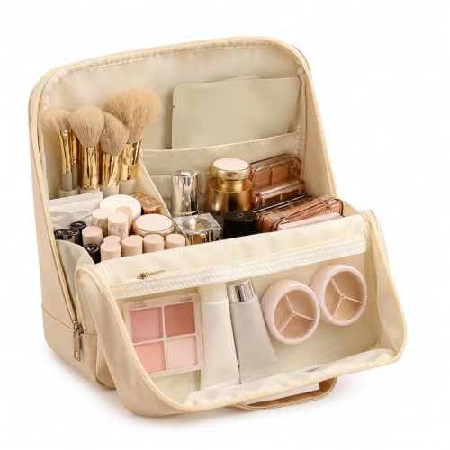 Rimotedeso Trousse de Maquillage pour Femmes Voyage, Trousse de Maquillage Debout Grande, Cuir PU imperméable avec Compartiment intérieur TPU et cloisons Flexibles