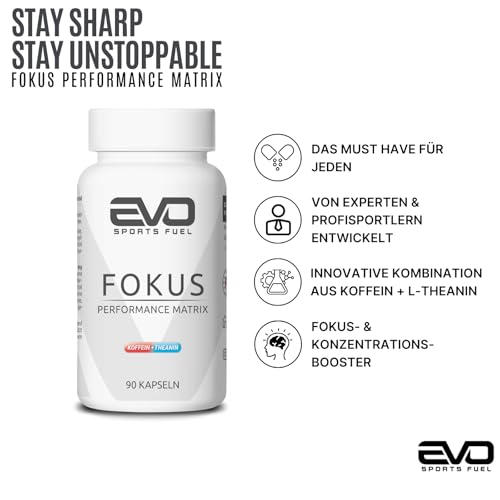 EVO SPORTS FUEL Fokus Koffein & L-Theanin 100 mg + 100 mg | 90 Kapseln | 100% Vegan | Geprüfte Qualität | Made in German