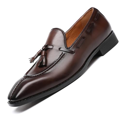 Men's Leather Tassel Dress Loafers Vintage Square Toe Slip-On Oxford Dress Shoes