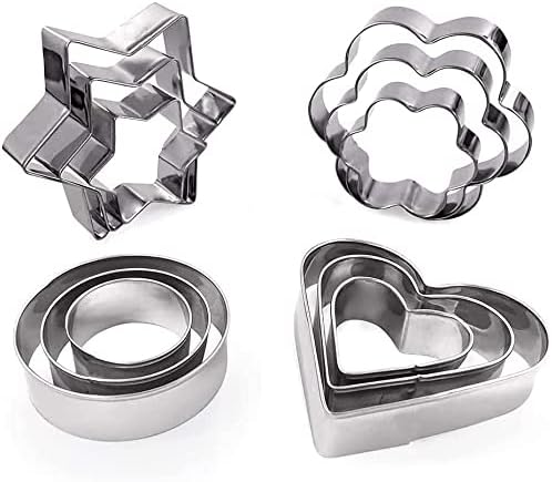 Set of 12 Cookie Cutters, Pastry Cutters, Mould for Biscuit Cutters, Hearts, Flowers, Stars and Circles Decoration