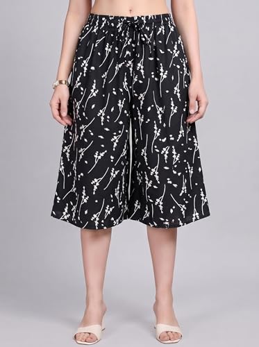 Image of THUMBA Women's Printed Poly Rayon Palazzo Pants | Wide Leg Culottes | Floral & Butterfly Print | Elastic Waist | Casual & Ethnic Wear | S M L XL 2XL 3XL