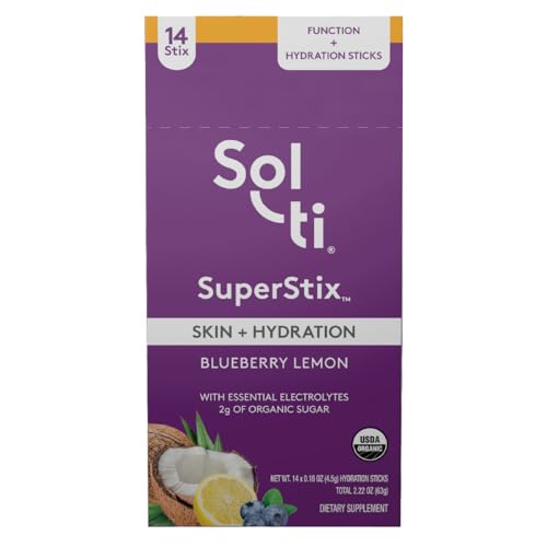 Sol-ti Organic Electrolyte Skin + Hydration Powder Drink Mix, Superfood Hydration Powder Sticks, SuperStix, Non-GMO, Vegan, Blueberry Lemon, 14 Single-Serving Sticks