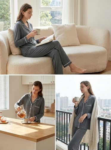 Image of Pjmlifecoco Pajamas Set Long Sleeve Womens Button Down Sleepwear Two Piece Nightwear Soft Pj Lounge Sets S-XXL